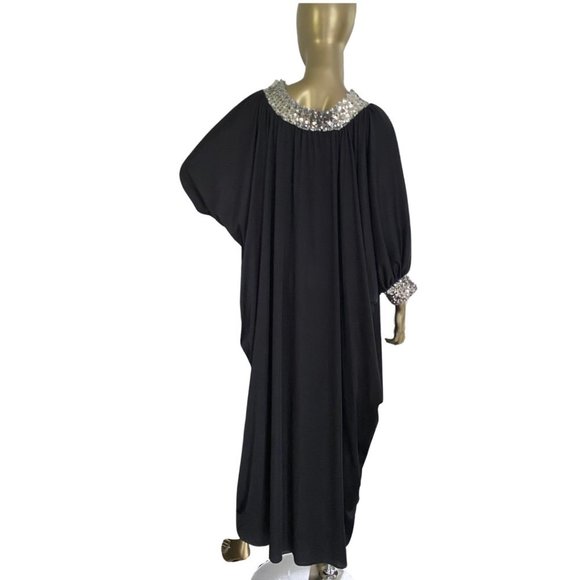 Vintage GLAM 70s Caftan Sequin Trimmed Maxi Dress 1970s Lounge Wear S-M-L - Picture 10 of 11